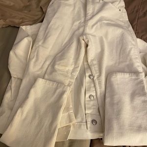 Two piece off white set jacket crop demin slim leg light corduroy pants